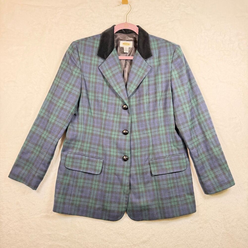 Vintage Talbots Petites Wool Blazer 12 Blue Green Plaid Velvet Collar USA